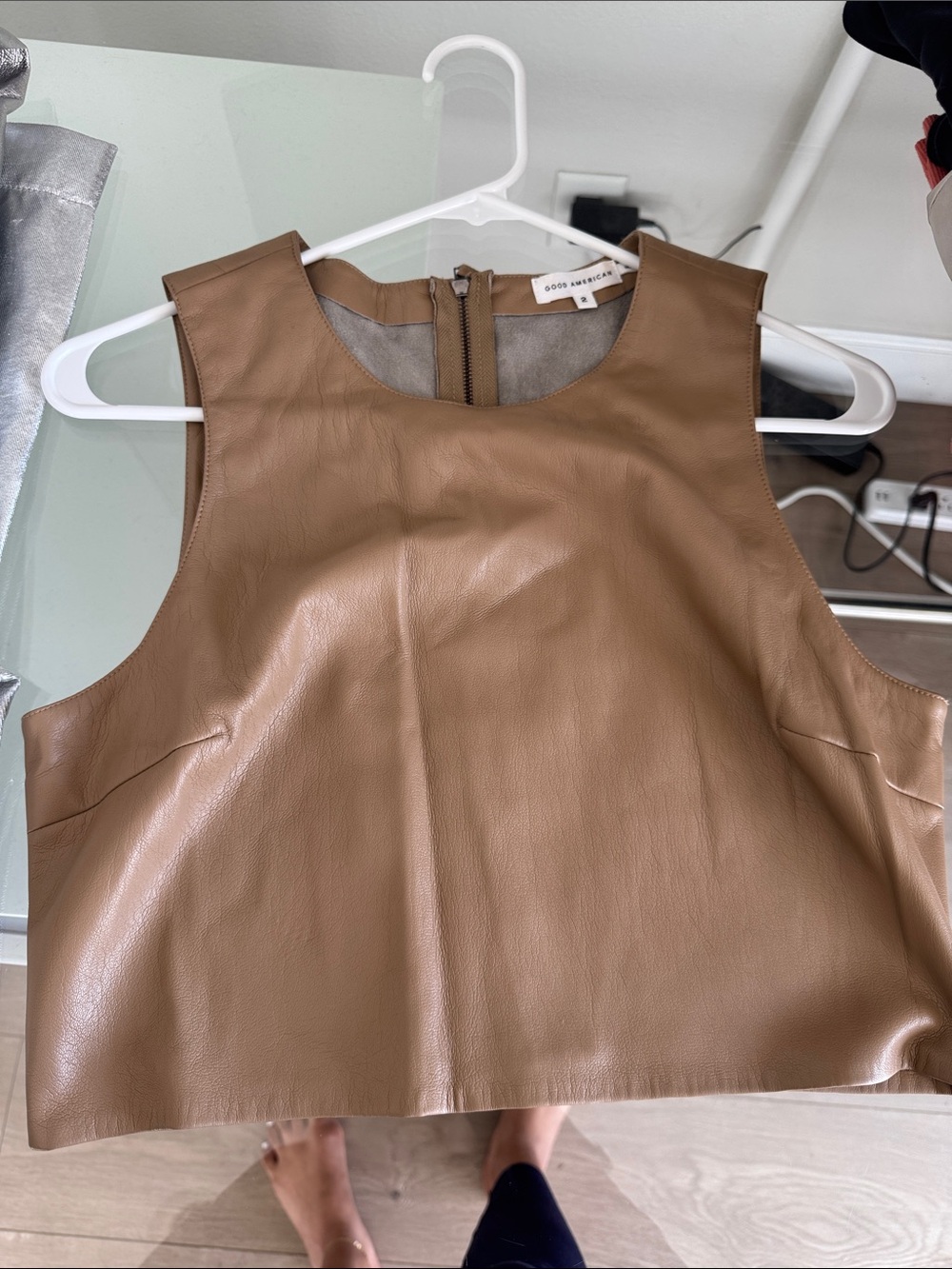 Good American Camel Brown Leather Crop Tank